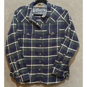 Womens Size Large Plaid Flannel Shirt Gorpcore Western Pearl Snaps Roll Sleeve
